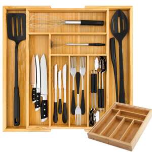 Bamboo cutlery organizer with 8 compartments, XL size, 45 cm, showing cutlery and kitchen utensils - Cutlery holder