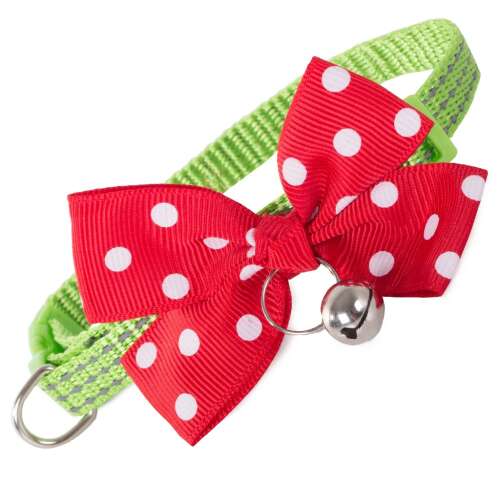 Green adjustable cat collar with red polka dot bow and bell