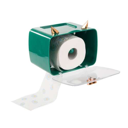 Green toilet paper holder with gold horns and heart shaped button, with toilet paper roll inside