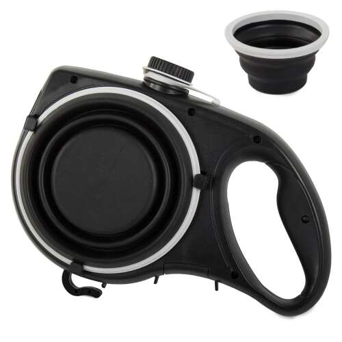 Black retractable dog leash with built-in water bottle and collapsible bowl