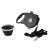Black retractable dog leash with built-in water bottle and collapsible bowl, leash and bowl separated
