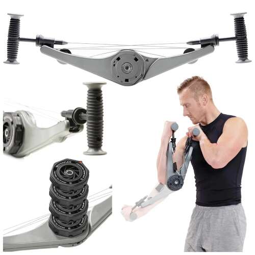 Expander für Fitness-Training - Widerstandstraining, Collage, die das Produkt, seine Teile und einen Mann zeigt, der es benutzt