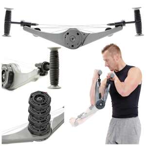 Expander a fitness edzéshez - ellenállással, collage showing the product, its parts, and a man using it - Body shaping