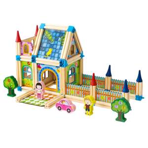ECOTOYS 6 in 1 house wooden building blocks set for kids, featuring a house, fence, trees, car, and figures - Creative & Building Toy