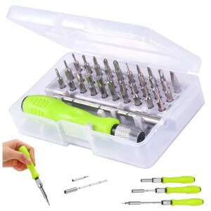 32 az 1-ben precíziós csavarhúzó készlet zöld fogantyúval és mágneses hegyekkel, átlátszó műanyag tokban - Csavarhúzó