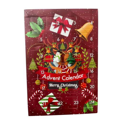 Piros karácsonyi adventi naptár 24 ajtóval, rénszarvas, hóember és karácsonyfa díszekkel