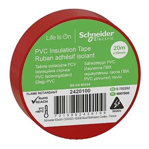 Schneider PVC Insulation Tape, 20m x 19mm, 5000V, 0-80C, Red 91246805 - Safety & Marking tape