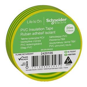 Banda izolatoare PVC, 20m x19mm, 5000V, 0-80C, galben-verde, Schneider 91246820 Benzi de siguranță și de marcare