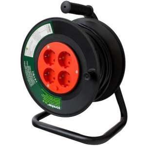 Strohm 50m extension cord with 4 grounded outlets, black and orange, reel with handle - Lamp & Lighting