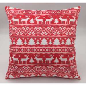 Hagyományos piros-fehér karácsonyi díszpárna rénszarvas és fa mintával, 45 cm - Díszpárna