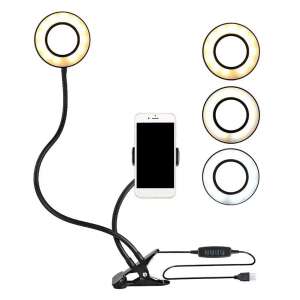 Profesjonalna LEDowa lampa do selfie z uchwytem na telefon, 3 tryby oświetlenia, regulowana jasność, połączenie USB, pilot zdalnego sterowania, czarny - Lusterko kosmetyczne