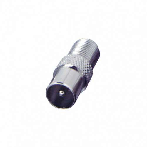 FF 18 coaxial connector adapter, F female to coaxial male, metal, screw-on, straight design