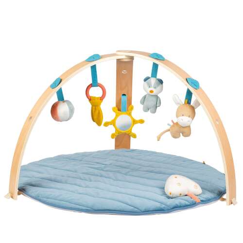 Nattou Felix and Leo wooden play gym with blue play mat and hanging toys