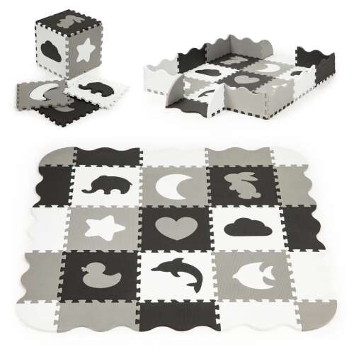 ECOTOYS Puzzle Play Mat with Fence, 25 Pieces, Black, White, Grey