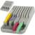 Gray plastic knife organizer with 9 slots for storing knives in a drawer, with 4 colorful knives inserted