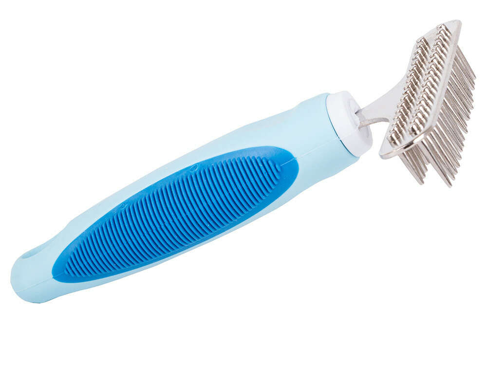 Kefa-hřeben na trimovanie pre veľké psy a mačky - kód: 19423 - 35 pružných nerezových oceľových zubov - pogumovaná rukoväť - rozmery 15,5 cm x 11 cm