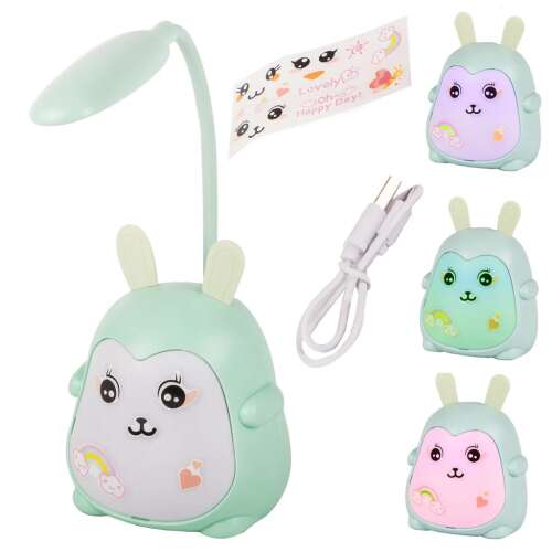 Lampă de birou LED USB în formă de iepuraș verde pentru copii, lampă de noapte cu autocolante