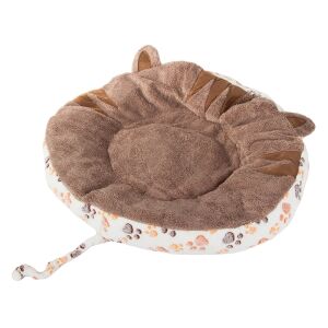 Angled view of a Plüss Állatágy round plush pet bed with a tail. - Dog Bed