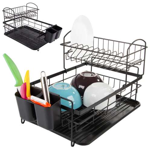 Black two-tier dish drying rack with cutlery holder