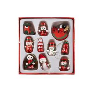 Set de 10 ornamente de Crăciun din lemn roșu, inclusiv om de zăpadă, Moș Crăciun, tren, stea, clopot și alte figurine de Crăciun - Decorațiuni pentru pomul de Crăciun