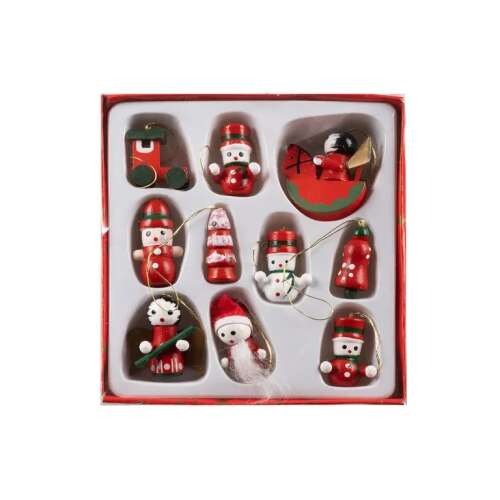 Set von 10 roten Holz-Weihnachtsbaumschmuck, darunter Schneemann, Weihnachtsmann, Zug, Stern, Glocke und andere Weihnachtsfiguren