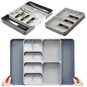 Collage of a gray expandable cutlery organizer for kitchen drawers, showing the organizer in different configurations - Cutlery holder
