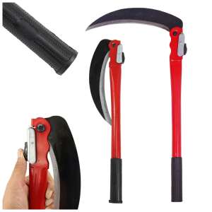 A hajtogatható sarló különböző nézetekből, acél pengével, fekete gumírozott fogantyúval és piros fém testtel - Kasza