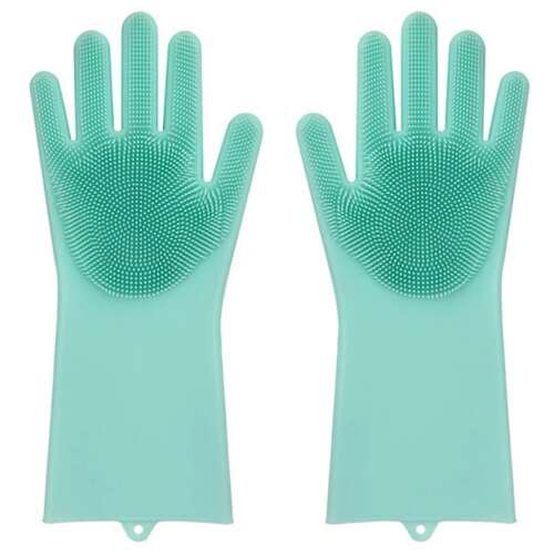 Pereche de mănuși de spălat vase din silicon verde cu textură de frecare
