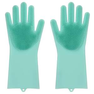 Zwei grüne Silikon-Spülhandschuhe mit Scheuerstruktur - Handspülen