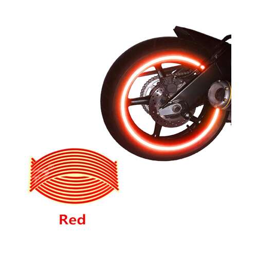 Piros fényvisszaverő kerékperem szalag autókhoz és motorkerékpárokhoz, 16 darab, 8 mm széles