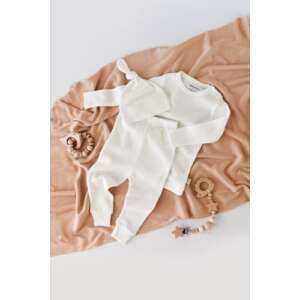 BabyCosy 3 részes készlet babáknak, hosszú ujjú pólóval, hosszú nadrággal és sapkával, organikus és modális pamutból, Ecru színben, 12-18 hónapos méretben - BabyCosy