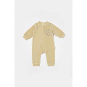 BabyCosy bio pamut elefántos overál, hosszú ujjú, kő színű, 9-12 hónapos, elülső nézet - BabyCosy