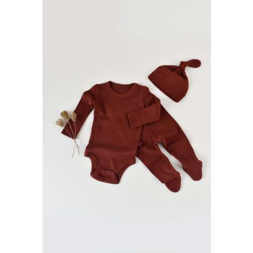 BabyCosy 3 részes készlet: hosszú ujjú body, hosszú nadrág csizmával és sapkával organikus és modális pamutból - Tégla, 6-9 hónap