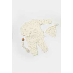 BabyCosy 3 részes készlet babáknak, hosszú ujjú póló, nadrág és sapka, kis levelekkel nyomtatva, ekrü színű, 6-9 hónapos méret - BabyCosy