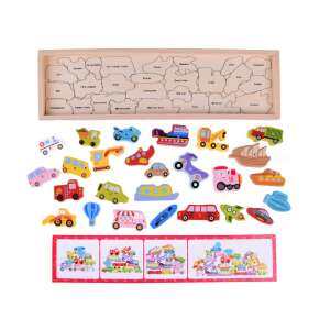 27 piece wooden vehicle puzzle for kids, ABC learning toy with storage box - Ramiz Puzzle