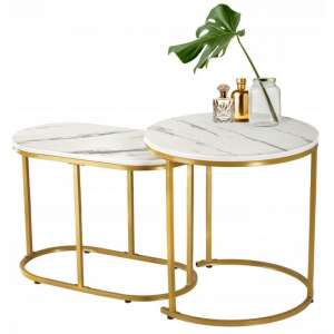 Măsuțe de cafea ovale BackHome cu model de marmură și cadru auriu - Mese de cafea