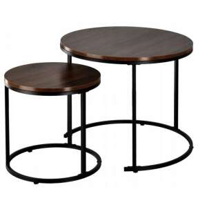 BackHome round dark walnut coffee table set, two nesting tables with black metal frame - Ramiz Coffee Table