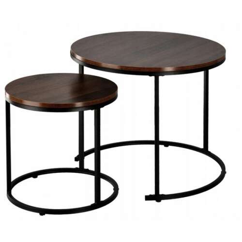 BackHome round dark walnut coffee table set, two nesting tables with black metal frame