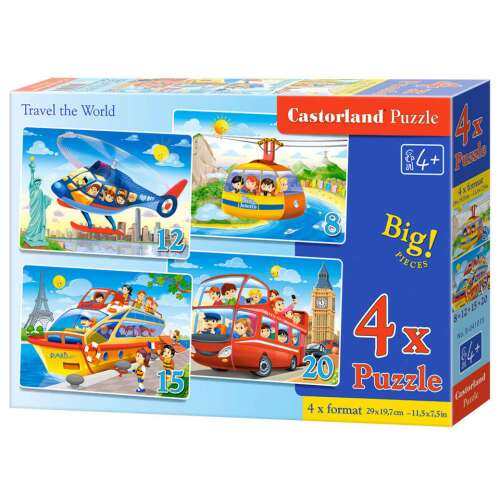 Castorland 4 în 1 Călătorie în jurul lumii Puzzle, 4 puzzle într-o cutie, 8, 12, 15 și 20 piese puzzle