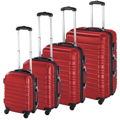 Timeless Tools 4 piece hard-shell luggage set in red, featuring 4 sizes of suitcases with telescopic handles and 4 wheels