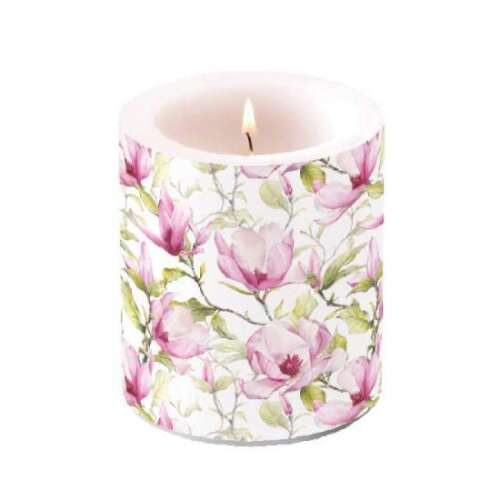 Virágzó magnólia illatú gyertya, 10x10cm, fehér rózsaszín virágokkal