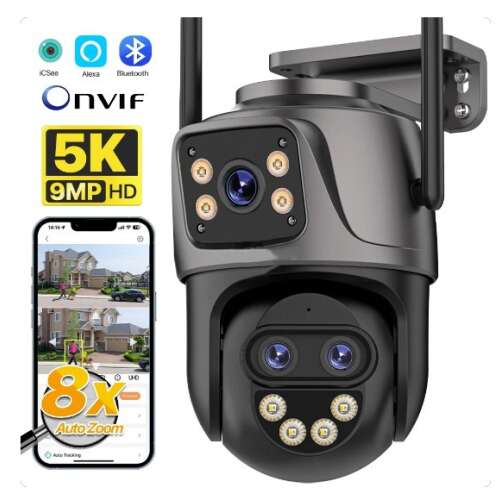 9MP HD PTZ WiFi security camera with 8x zoom, three lenses, two-way communication, color night vision, AI intelligent, automatic motion tracking, black