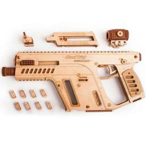 3D wooden puzzle of a submachine gun, disassembled parts, Wood Trick brand