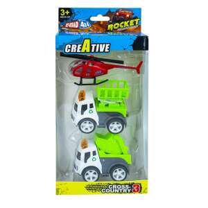 Creative Cross-Country 3 toy set with a red helicopter, a green garbage truck, and a green crane truck - Nonbrand Kids's play car