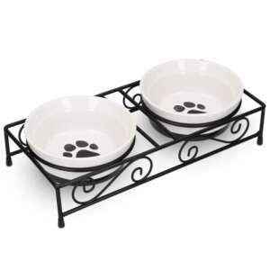 Zestaw misek ceramicznych Navaris ze stojakiem metalowym, 2 miski, białe z czarnym śladem łapy, dla kotów i psów - Zwierzęta gospodarskie