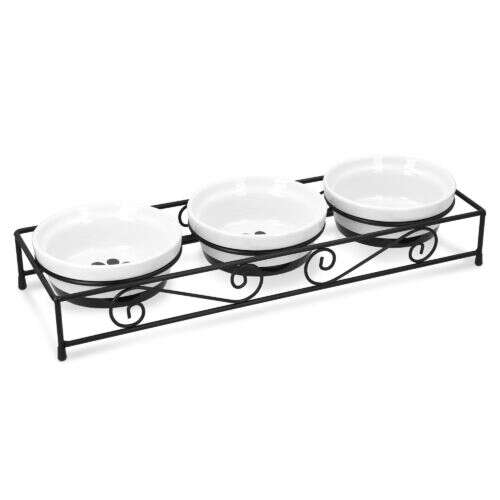 Navaris ceramic pet bowl set with metal stand, 3 bowls, 320ml capacity, black and white