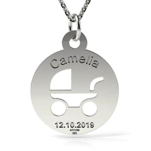 Colier cu pandantiv din argint cu un design de cărucior pentru bebeluși, personalizat cu numele Camelia și data 12.10.2019