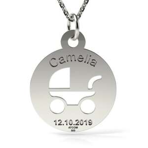 Сребърен висулка колие с дизайн на детска количка, персонализиран с името Camelia и датата 12.10.2019 - Дамско колие