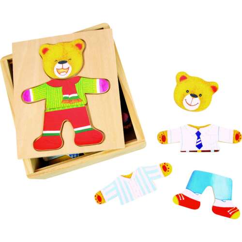 Mr. Bear fa puzzle gyerekeknek, öltöztesd fel a mackót különböző ruhákkal, oktatójáték óvodásoknak - Bigjigs