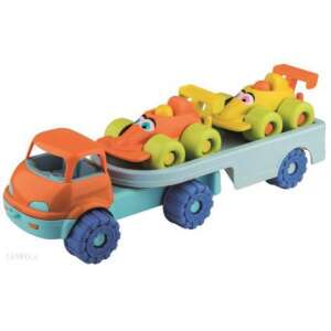 Toy truck with trailer and 2 toy cars, orange, blue, yellow, red, green, kids toy, playset - Androni